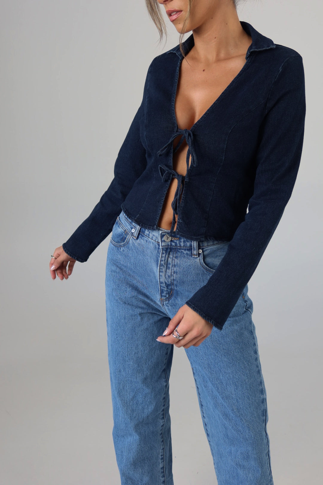 Stretch Denim Tie-Front Collared Top