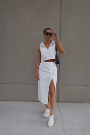 White Denim Button Down Top and Skirt Set