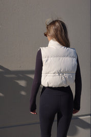 Cream Cropped Pleather Puffer Vest