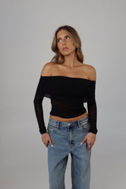 Sheer Off-Shoulder Mesh Foldover Top in Black