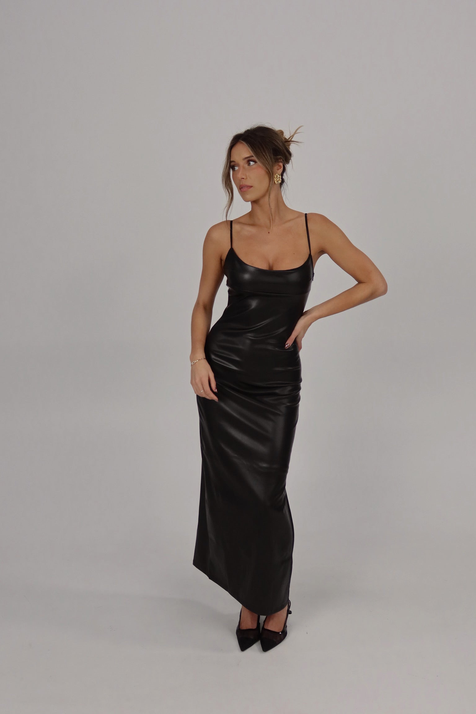 Stella Luxe Backless Vegan Leather Maxi in Black