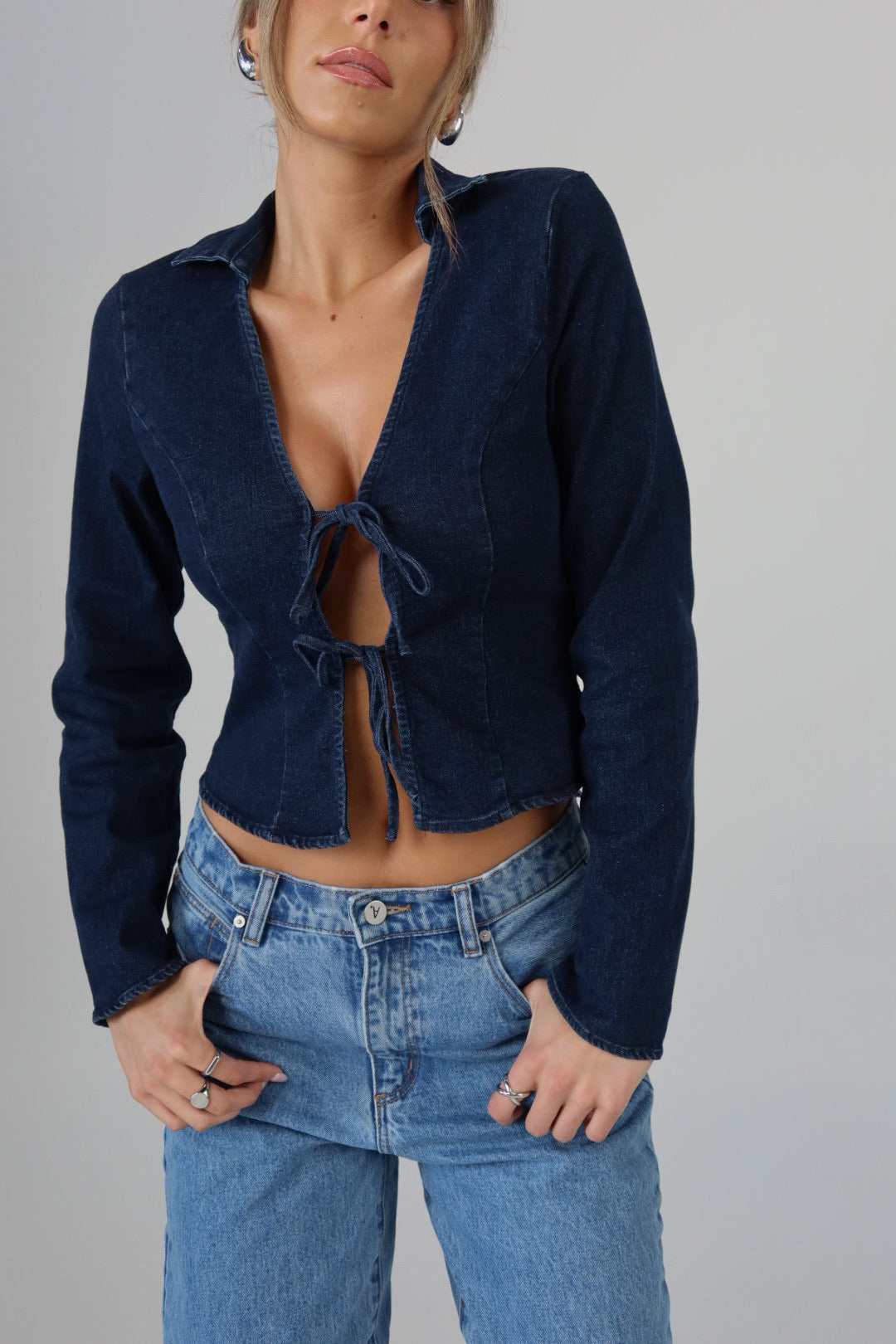 Stretch Denim Tie-Front Collared Top