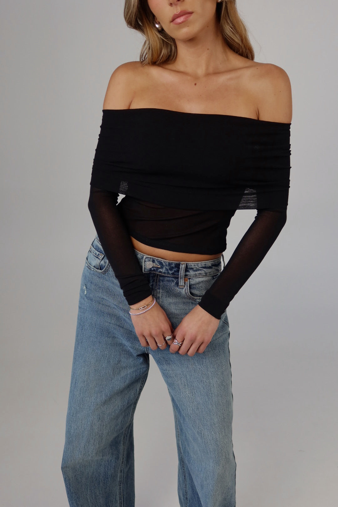 Sheer Off-Shoulder Mesh Foldover Top in Black