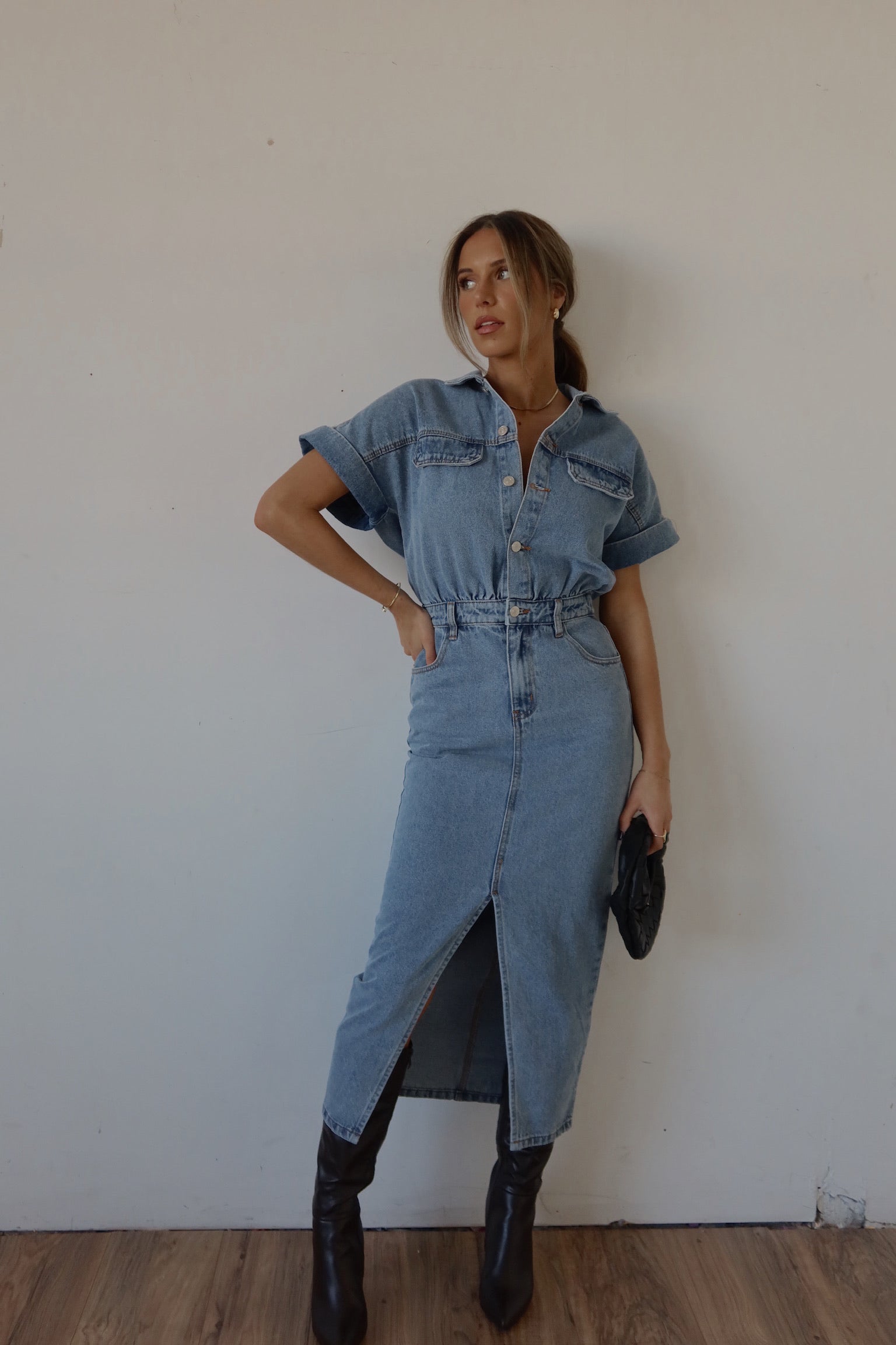 Tobie Short Sleeve Denim Midi Dress Madida Clothing Tobie Short Sleeve Denim Midi Dress Madida Clothing