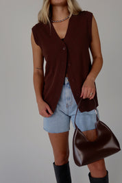 Brown Sleeveless Button-Down Sweater