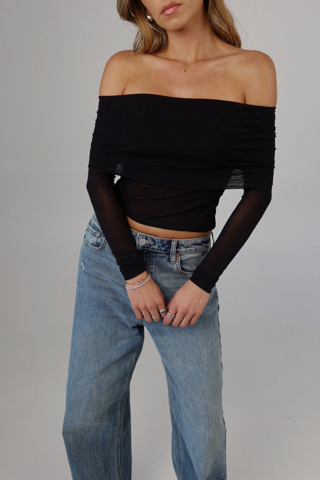 Sheer Off-Shoulder Mesh Foldover Top in Black