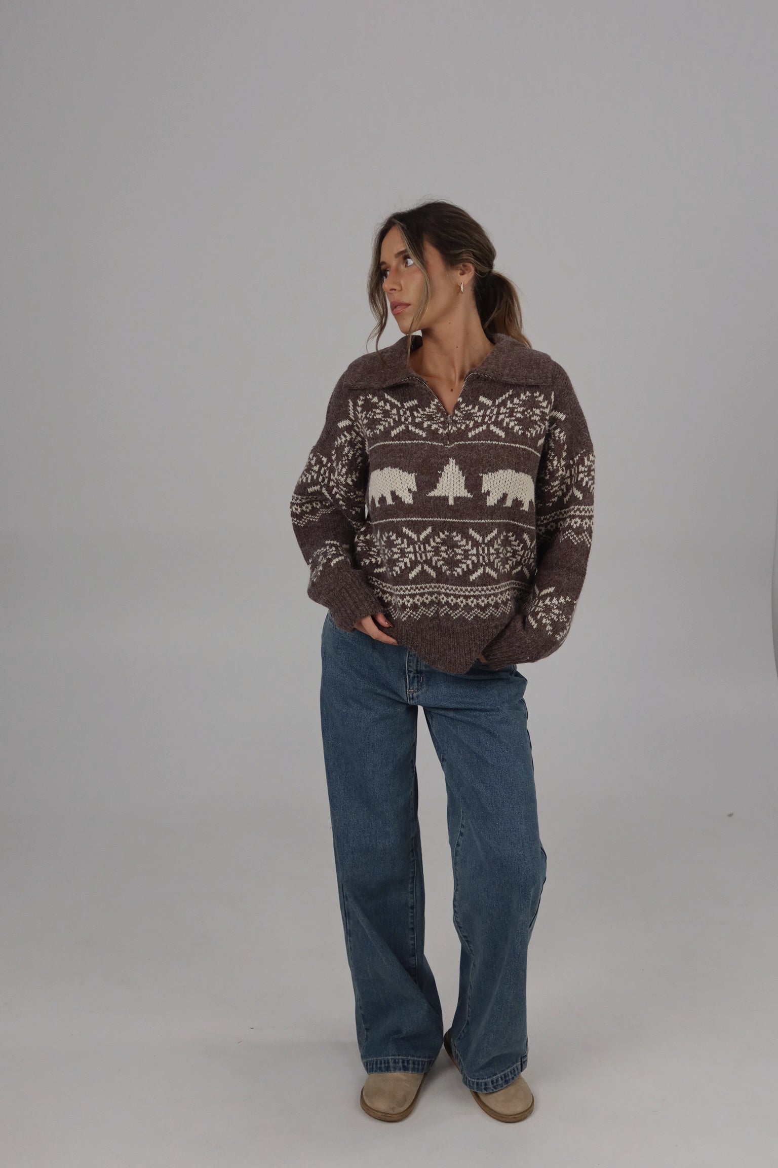 Holiday Vacation Quarter-Zip Knit in Brown/Beige