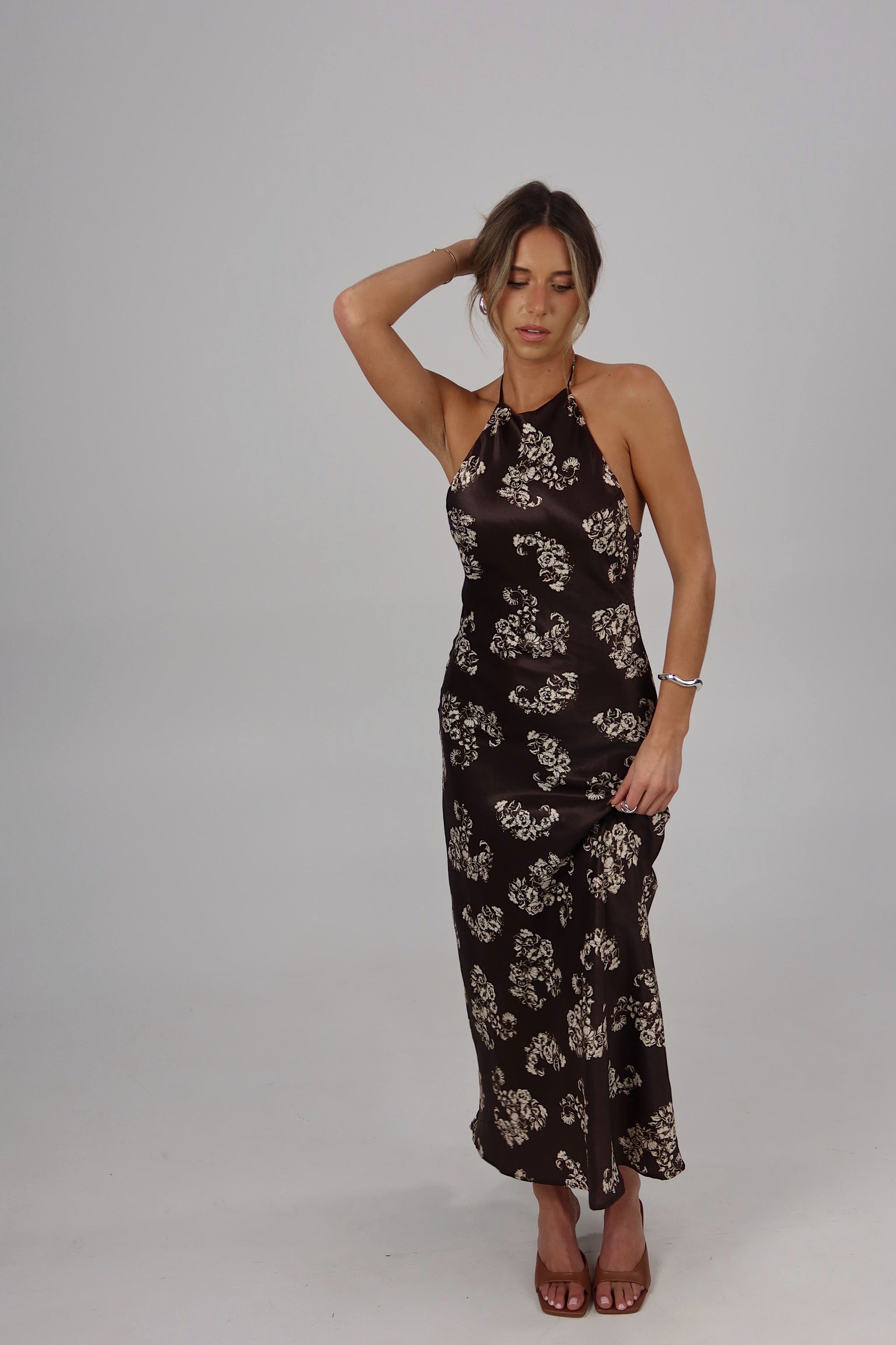 Vivienne Brown Floral Open Back Maxi Dress