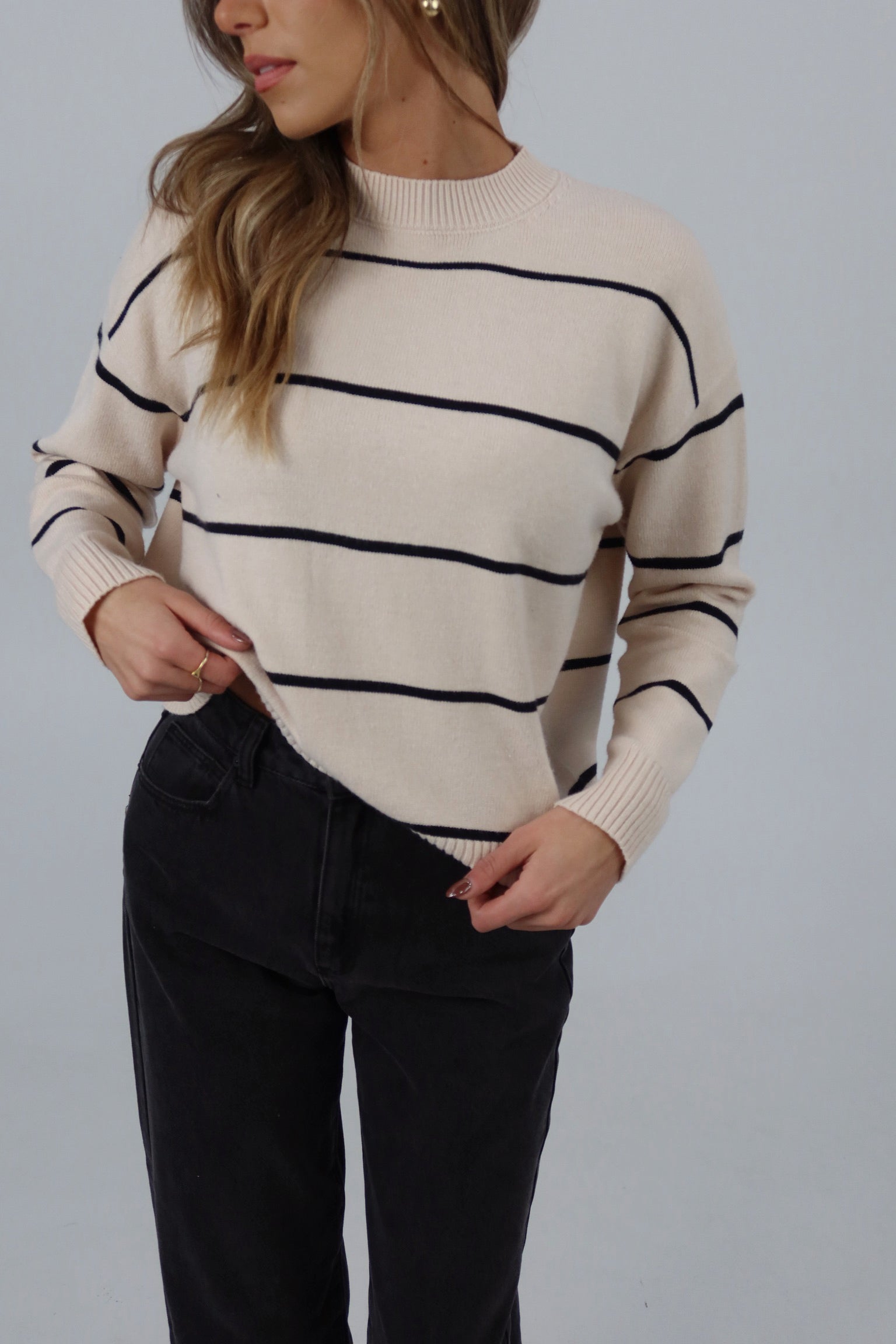 Striped Long Sleeve Sweater in Beige/Black