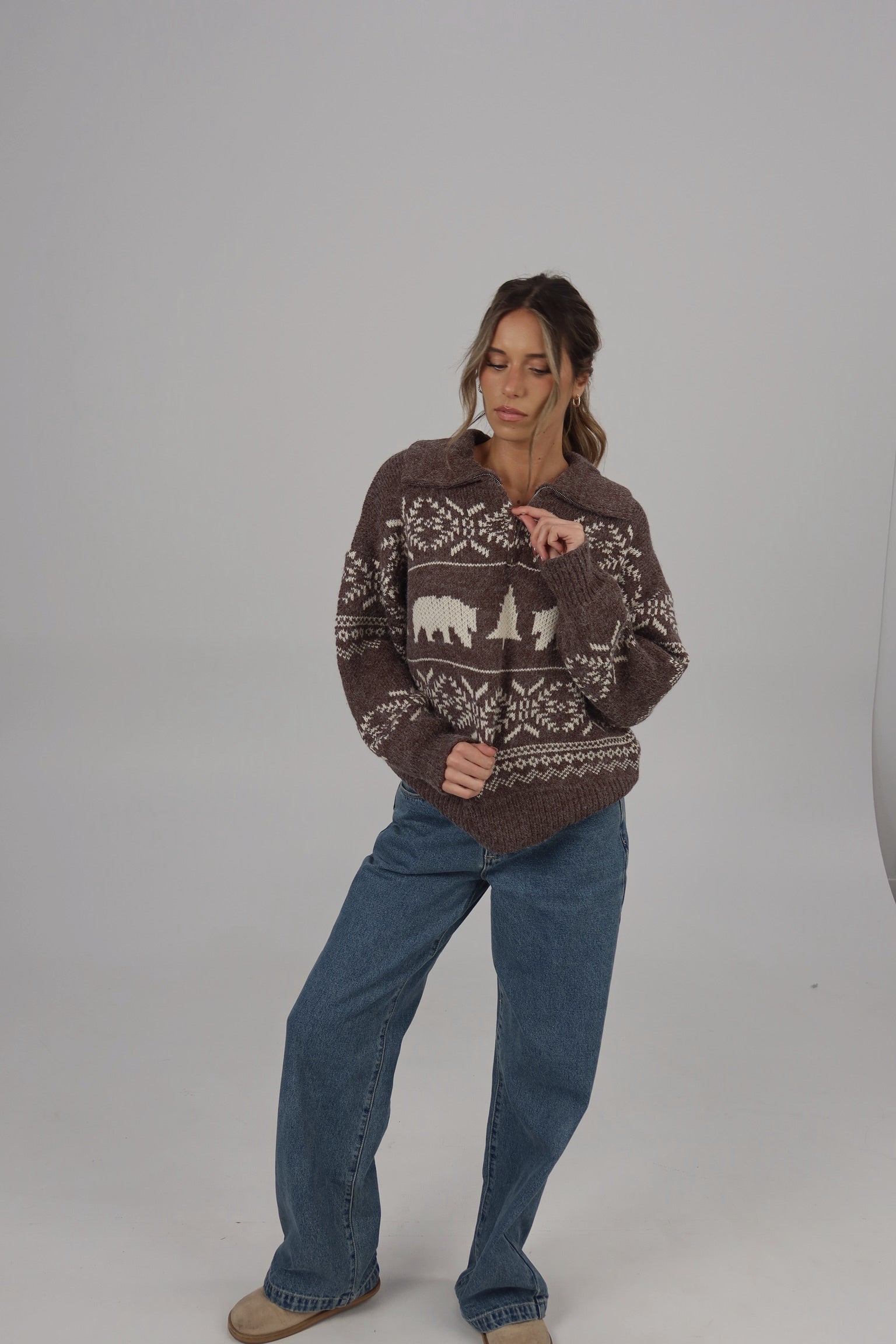 Holiday Vacation Quarter-Zip Knit in Brown/Beige