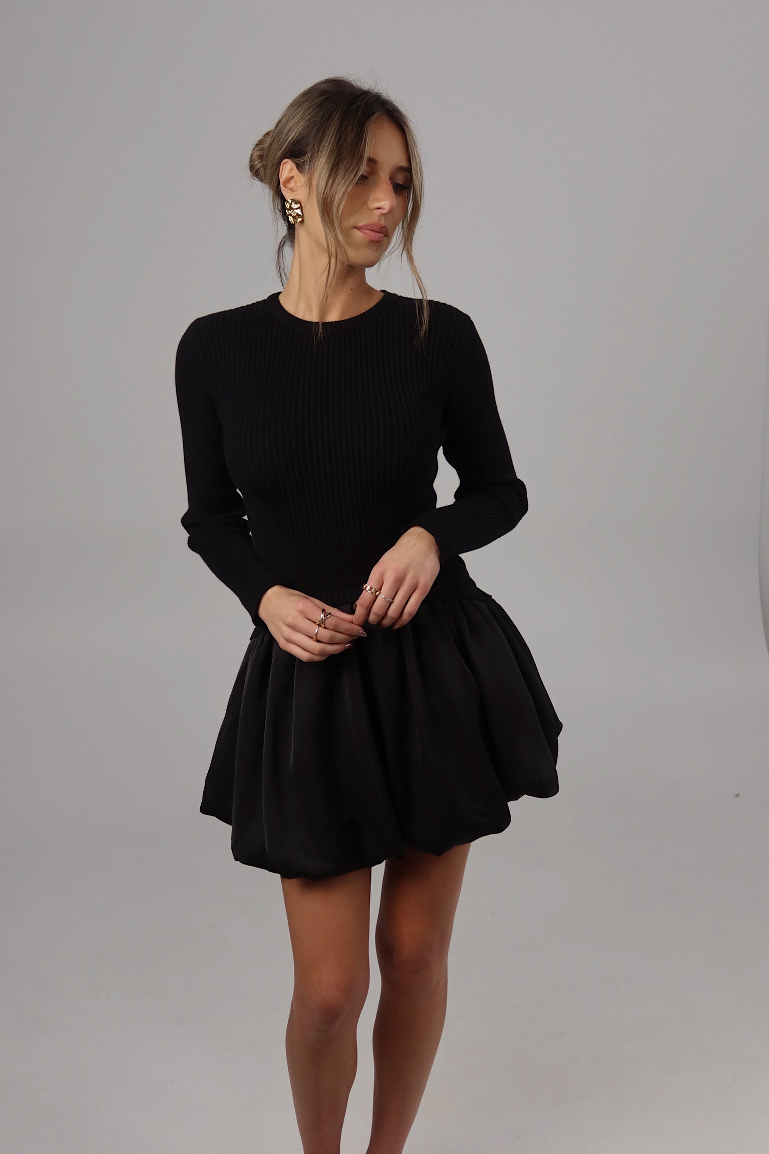 Lane Long Sleeve Knit Bubble Dress in Black