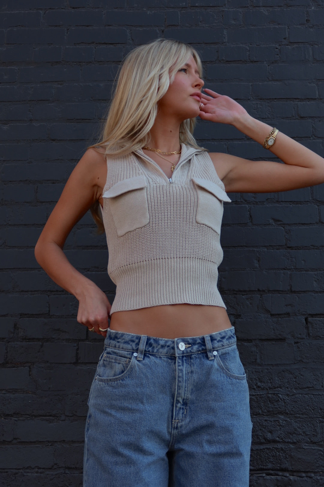 Zippered Knit Sleeveless Top