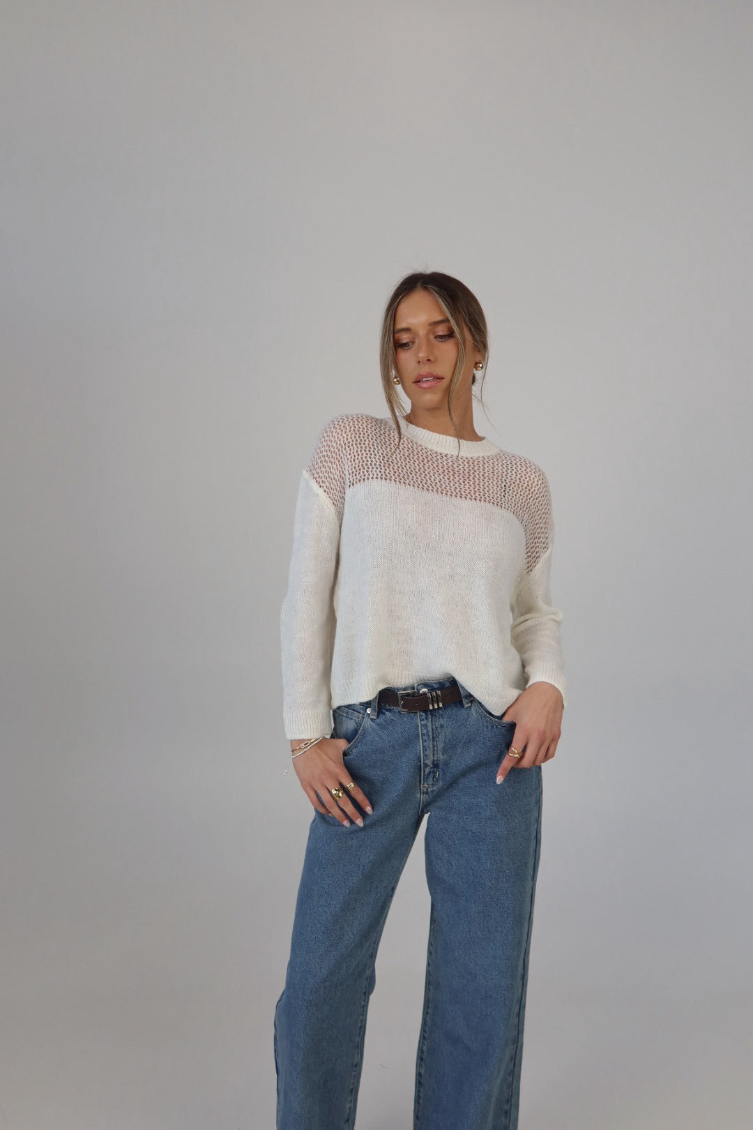 Cozy Crochet Contrast Sweater in White