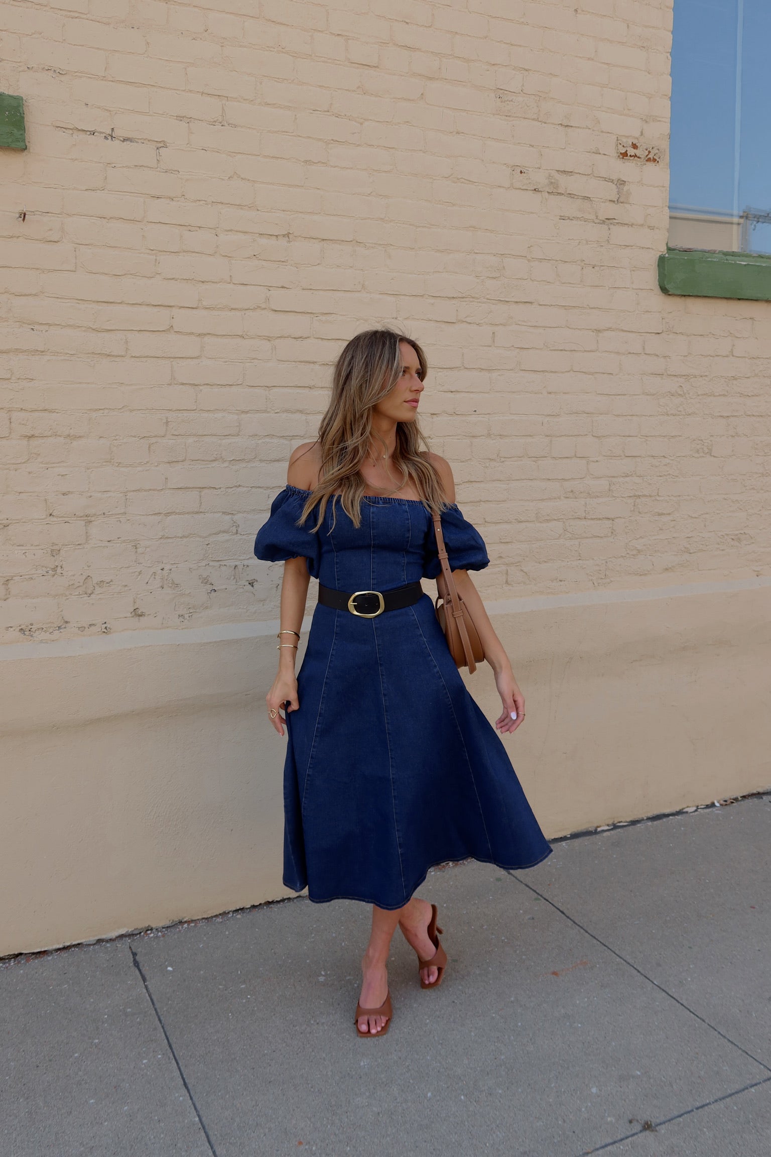 Denim Dreams Puff Sleeve A-Line Midi Dress