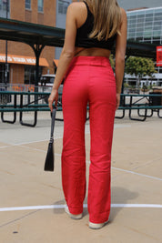 Red High Rise Linen Pant