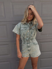 Shay Denim Romper In Light Green