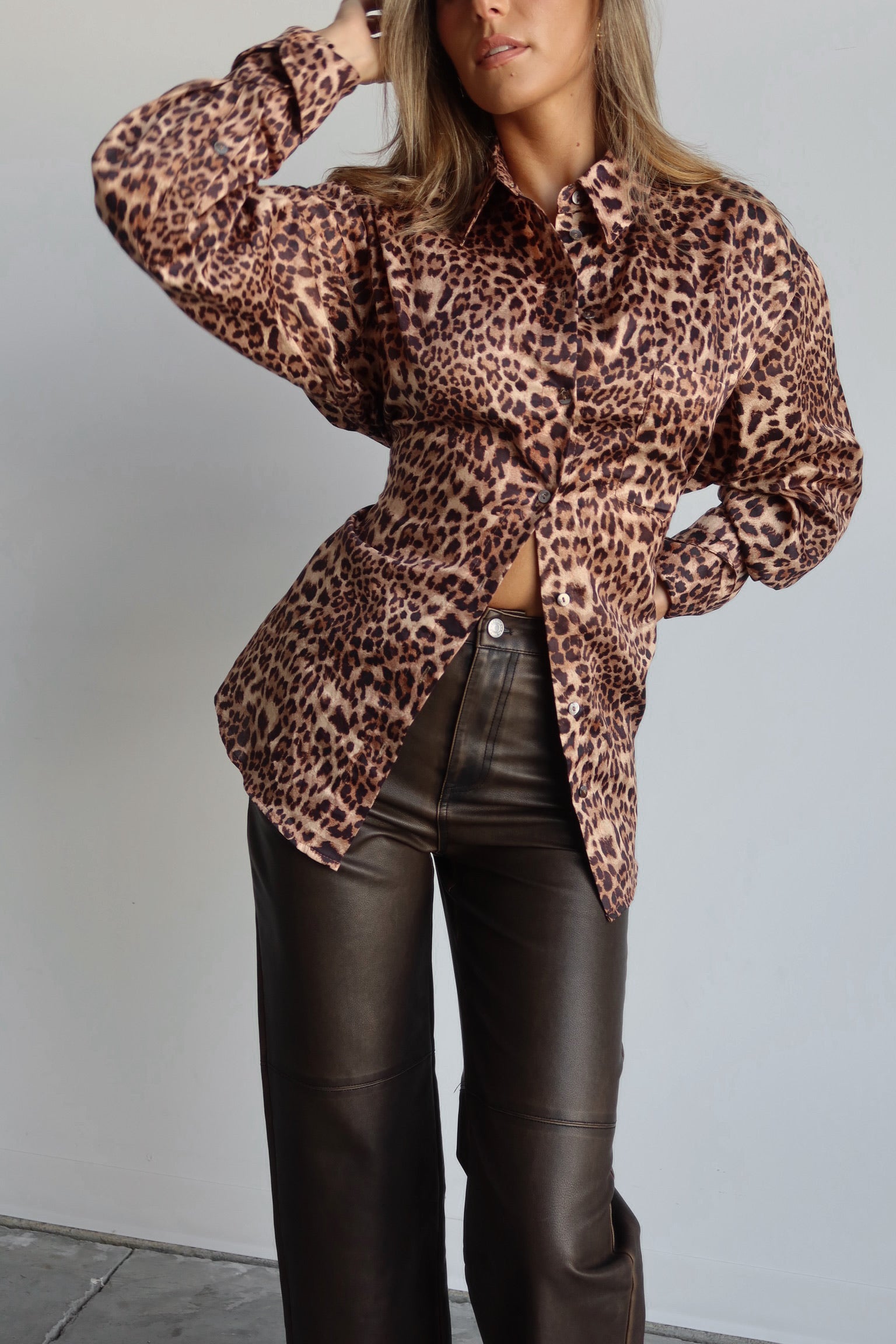 Leopard Print Button-Up Top with Back Tie