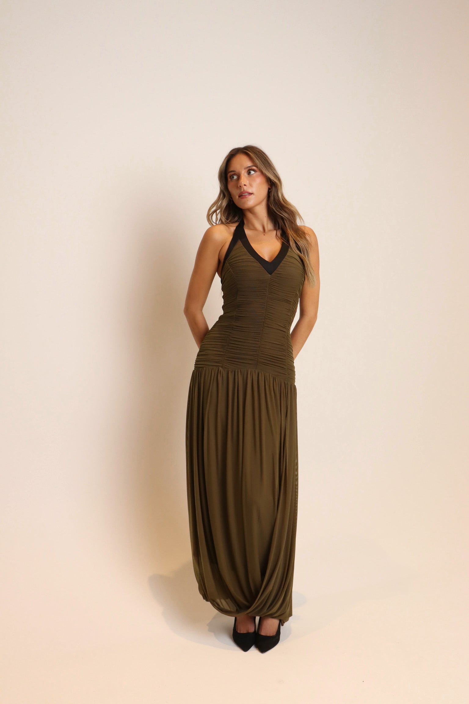Brynn Ruched Halter Maxi Dress