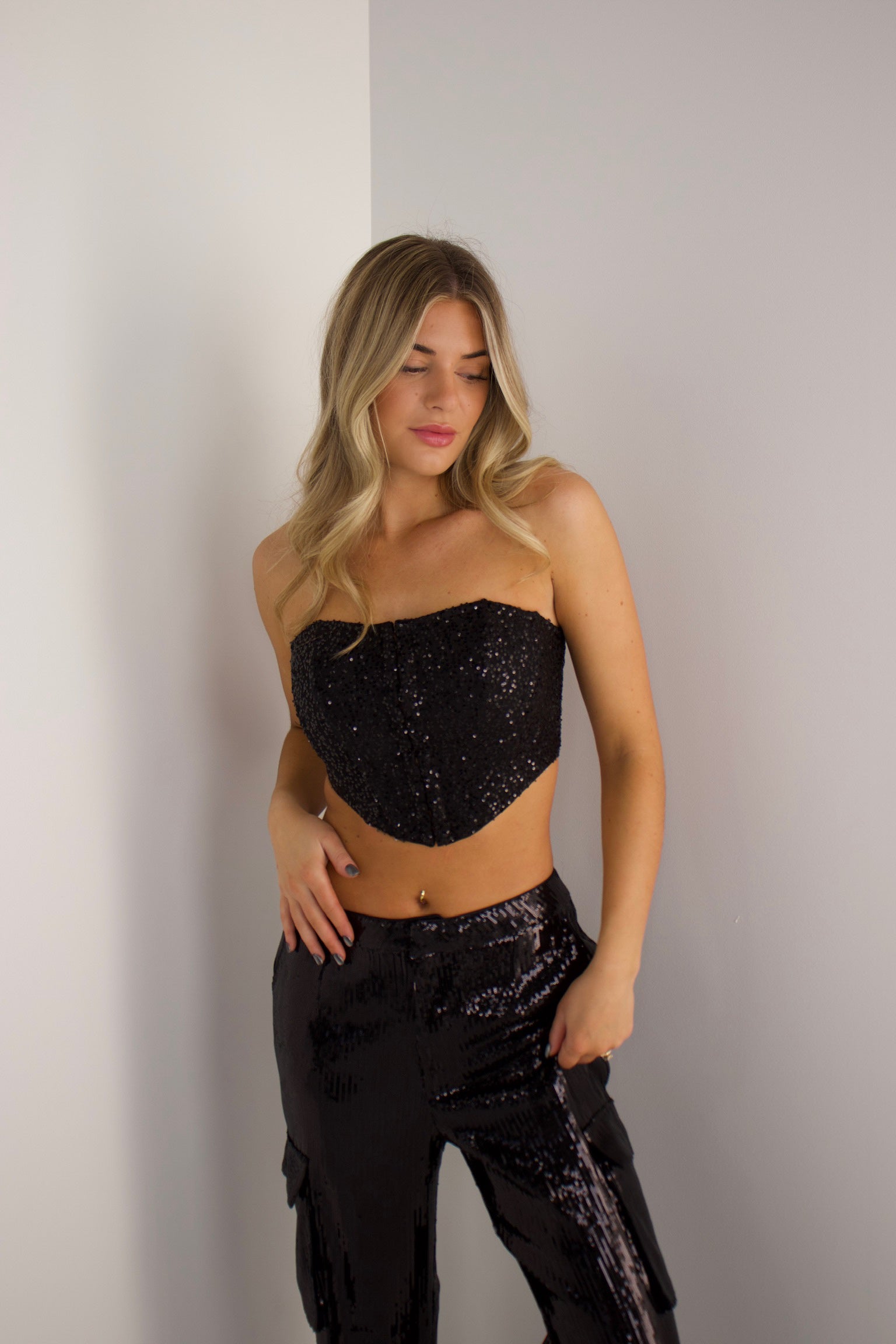 Neva Sequin Corset Top In Black