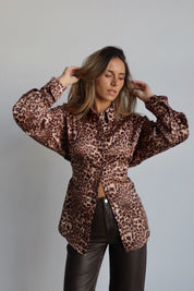 Leopard Print Button-Up Top with Back Tie