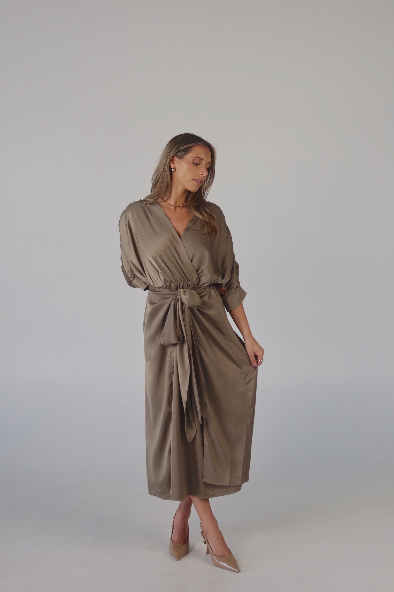 Olive Satin Wrap Midi Dress