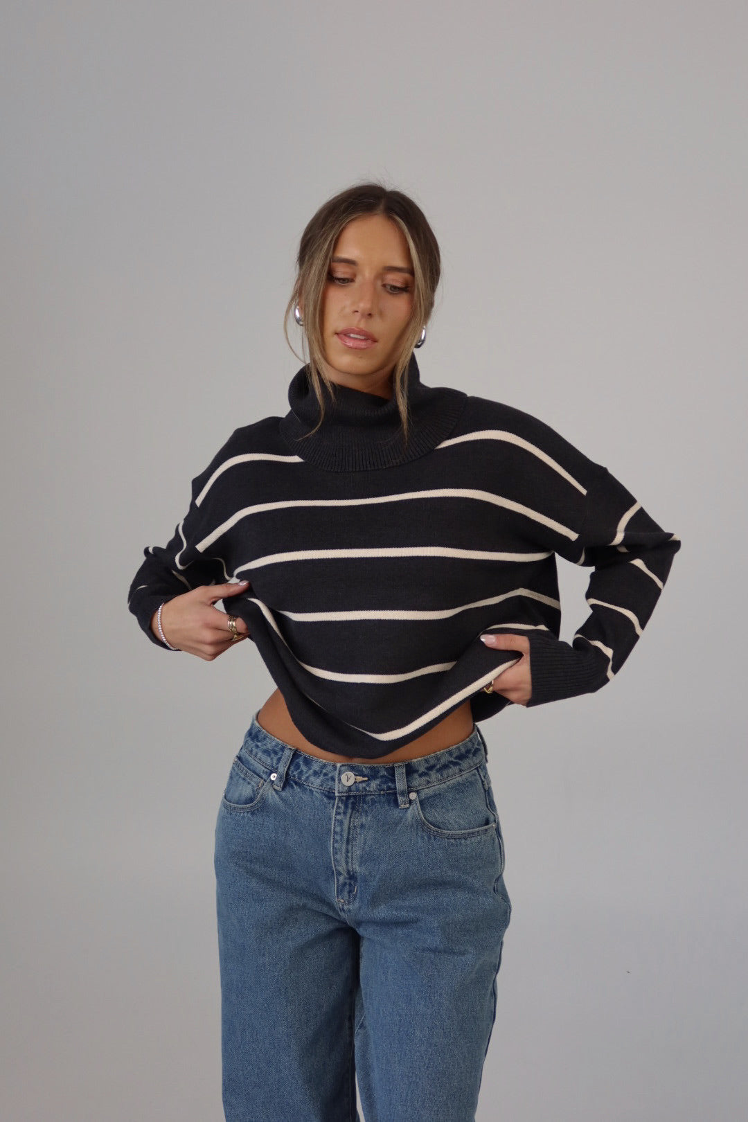 Striped Cozy Crop Turtleneck in Charcoal