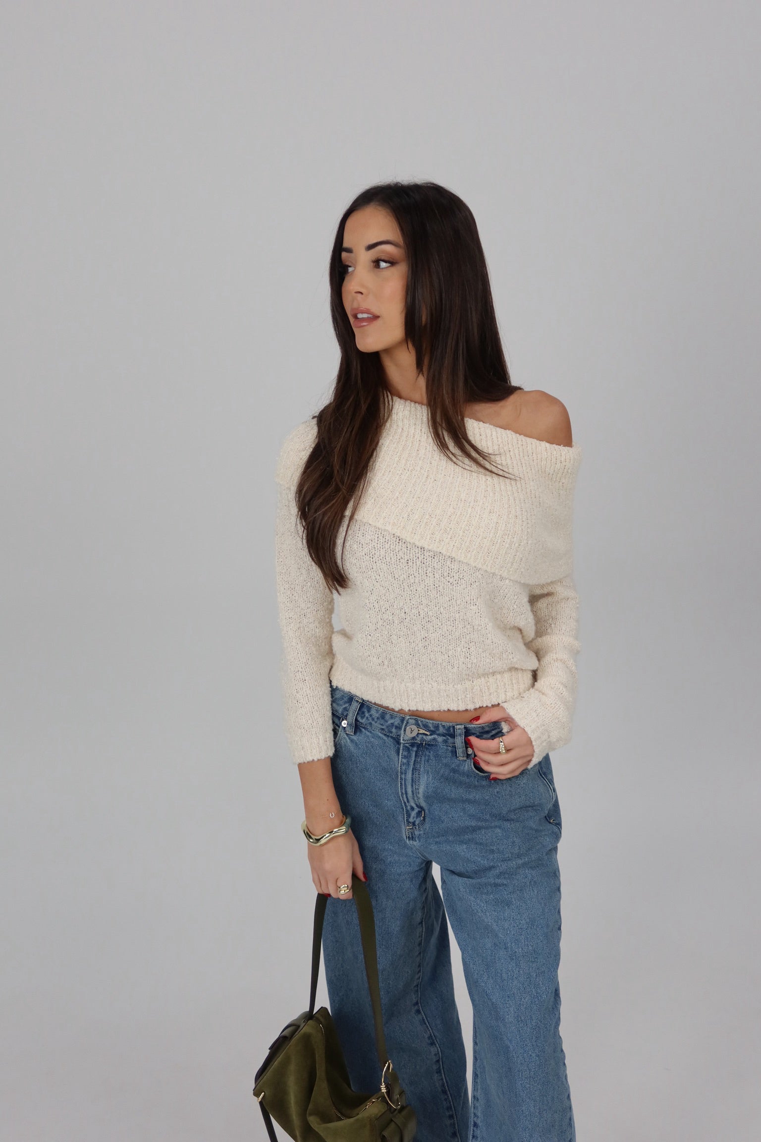 Ivory Off-Shoulder Foldover Knit