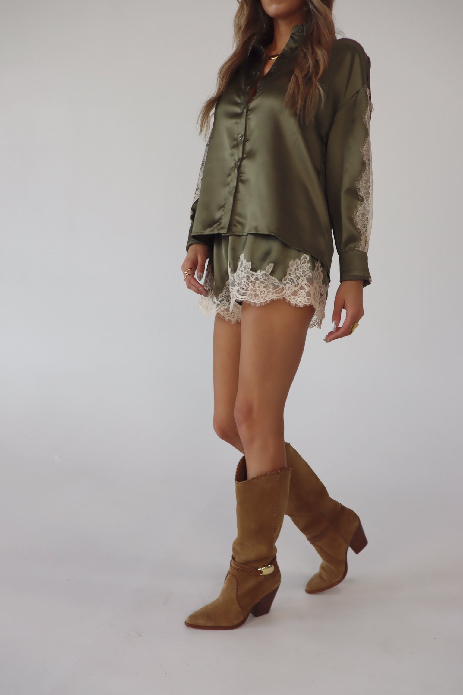 Nevaeh Olive Satin Short Set