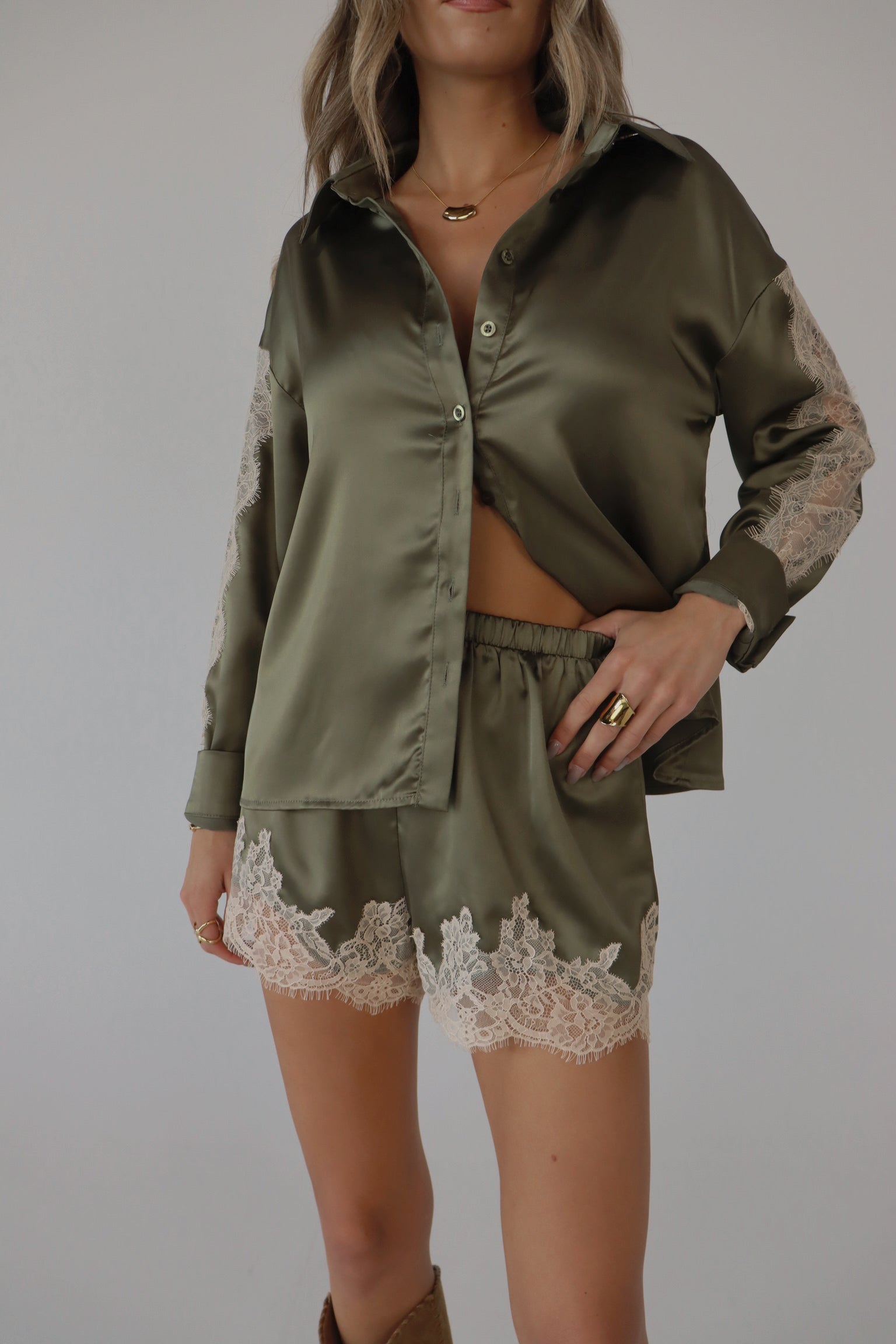 Nevaeh Olive Satin Short Set