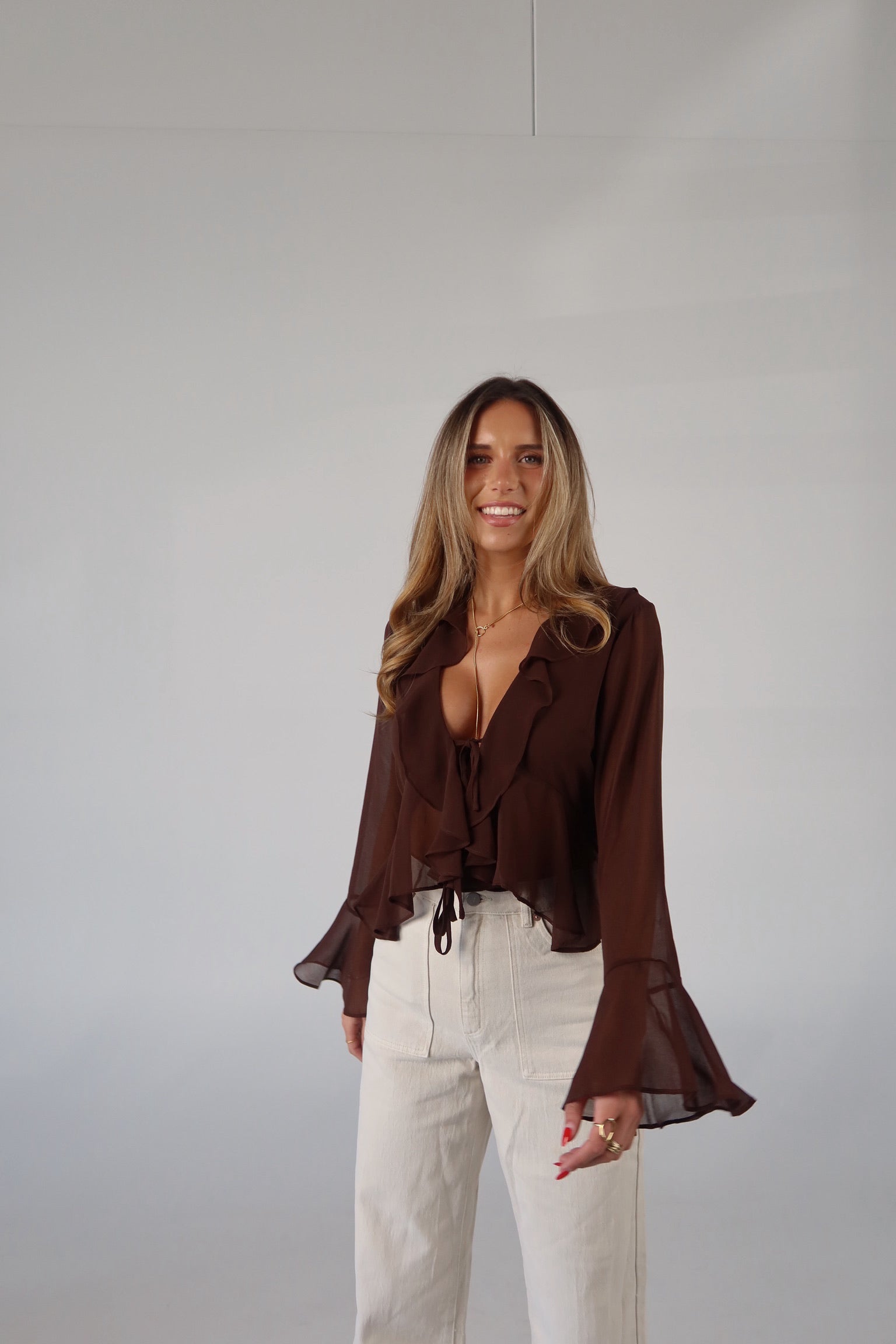 Brown Chiffon Tie-Front Top