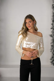 Champagne Hour Off-Shoulder Sequin Top
