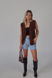 Brown Sleeveless Button-Down Sweater