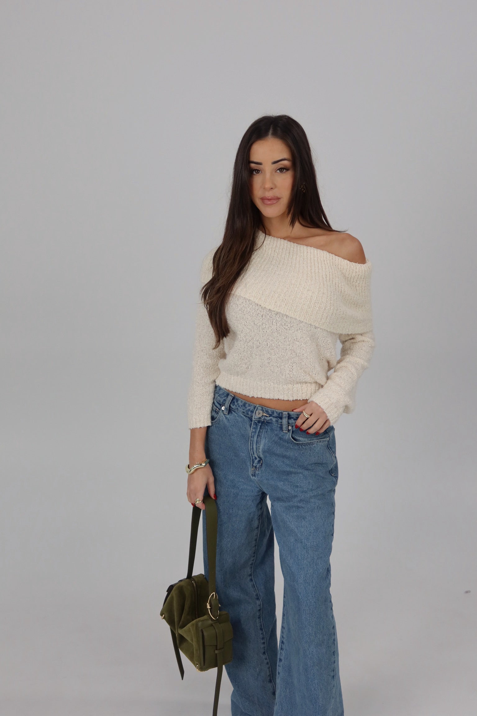 Ivory Off-Shoulder Foldover Knit