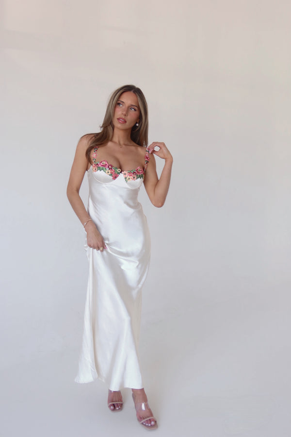 Naomi Floral Hem Silk Maxi Dress In Oyster