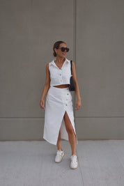 White Denim Button Down Top and Skirt Set