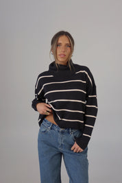 Striped Cozy Crop Turtleneck in Charcoal