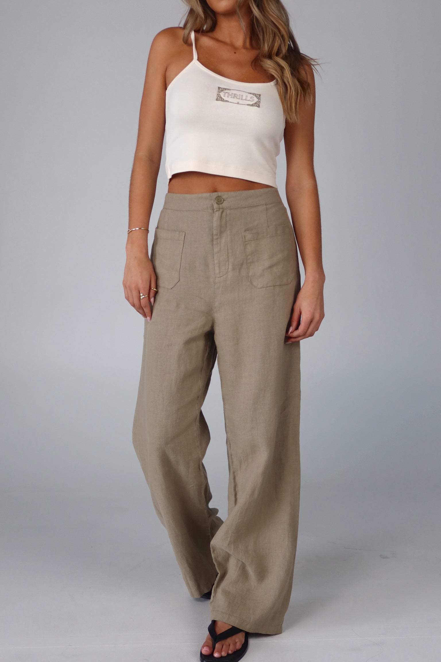 Olive Linen Washed Pocket Detail Pant