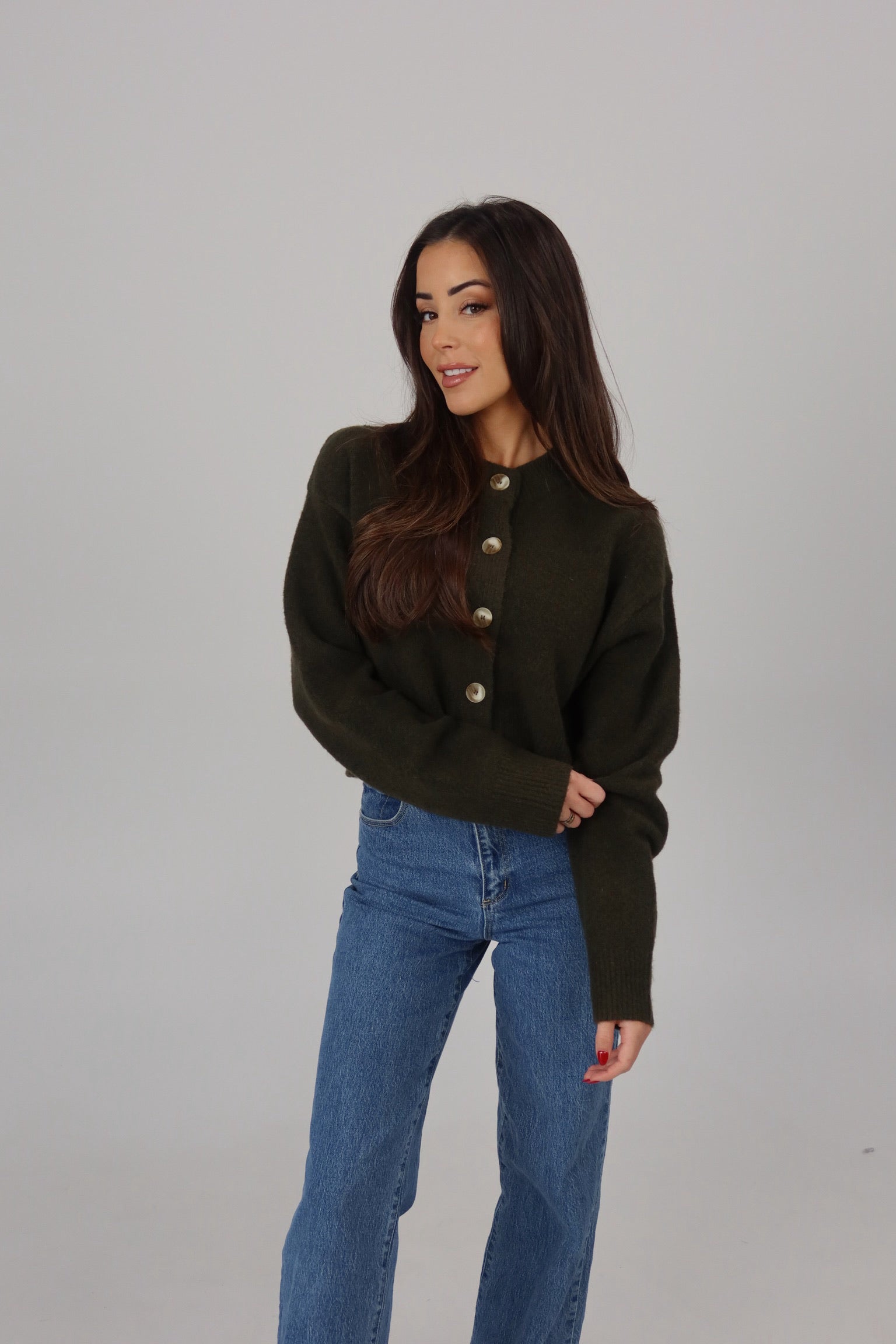 Wool Button-Front Sweater in Olive