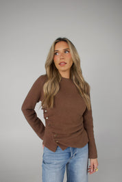 Mocha Asymmetrical Ruched Sweater Top