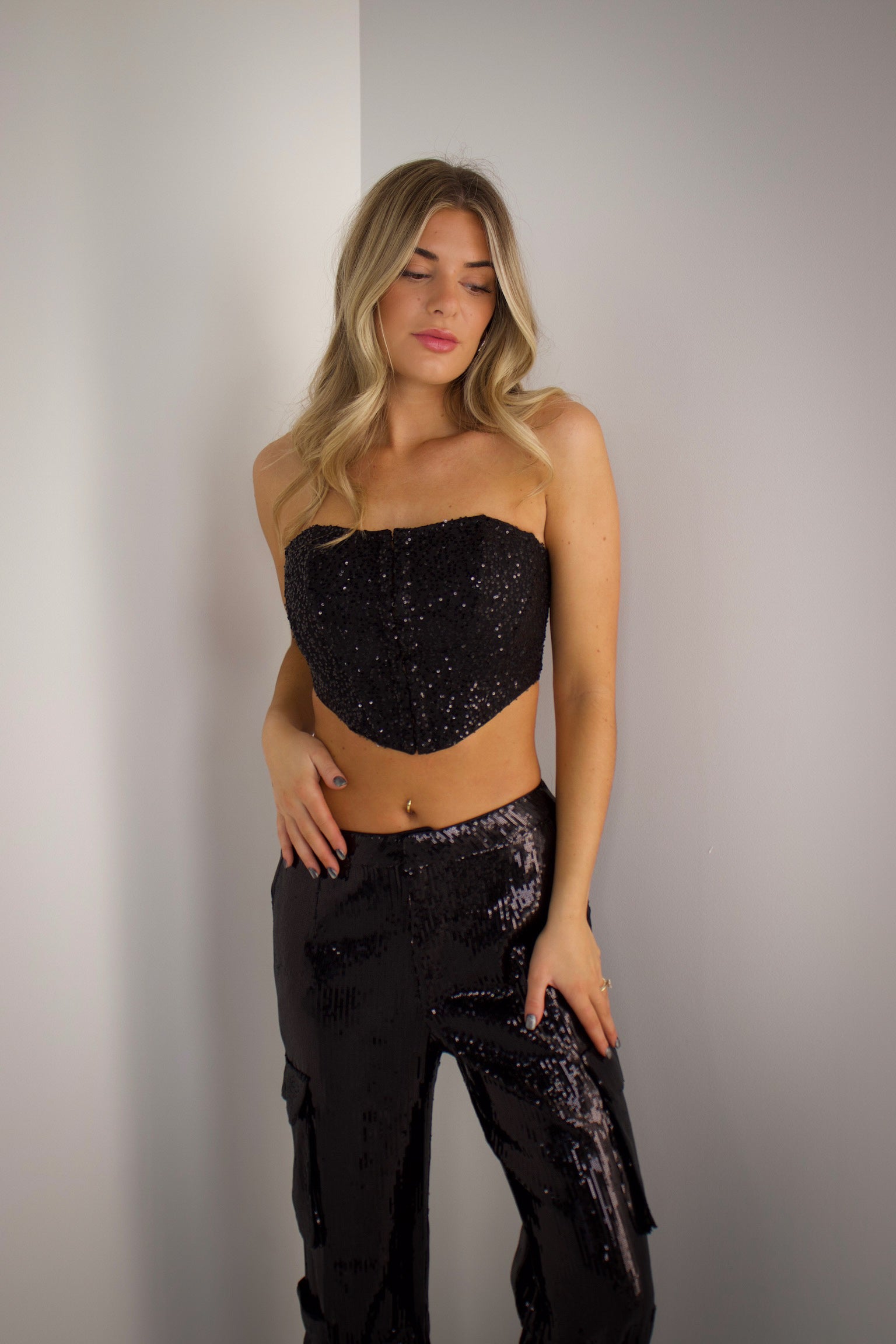 Neva Sequin Corset Top In Black