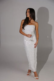 Estelle White Sequin Midi Dress