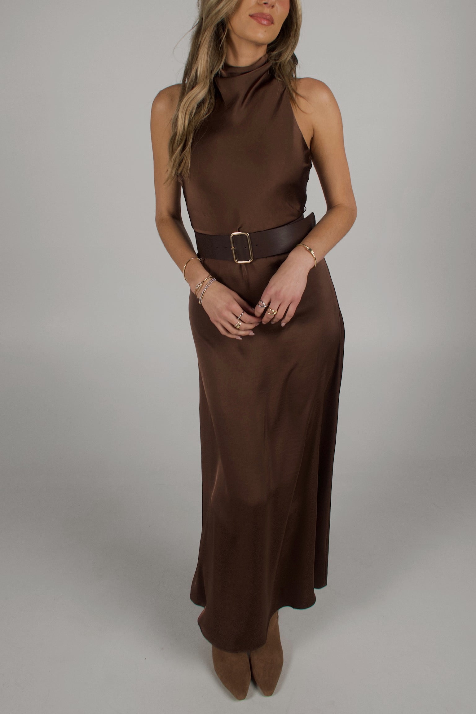 Carmen Belted Satin Maxi Dress