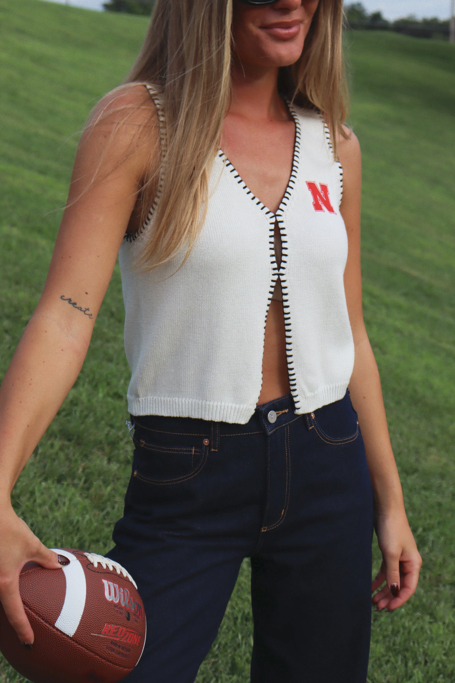 Nebraska Embroidered Contrast Knit Top