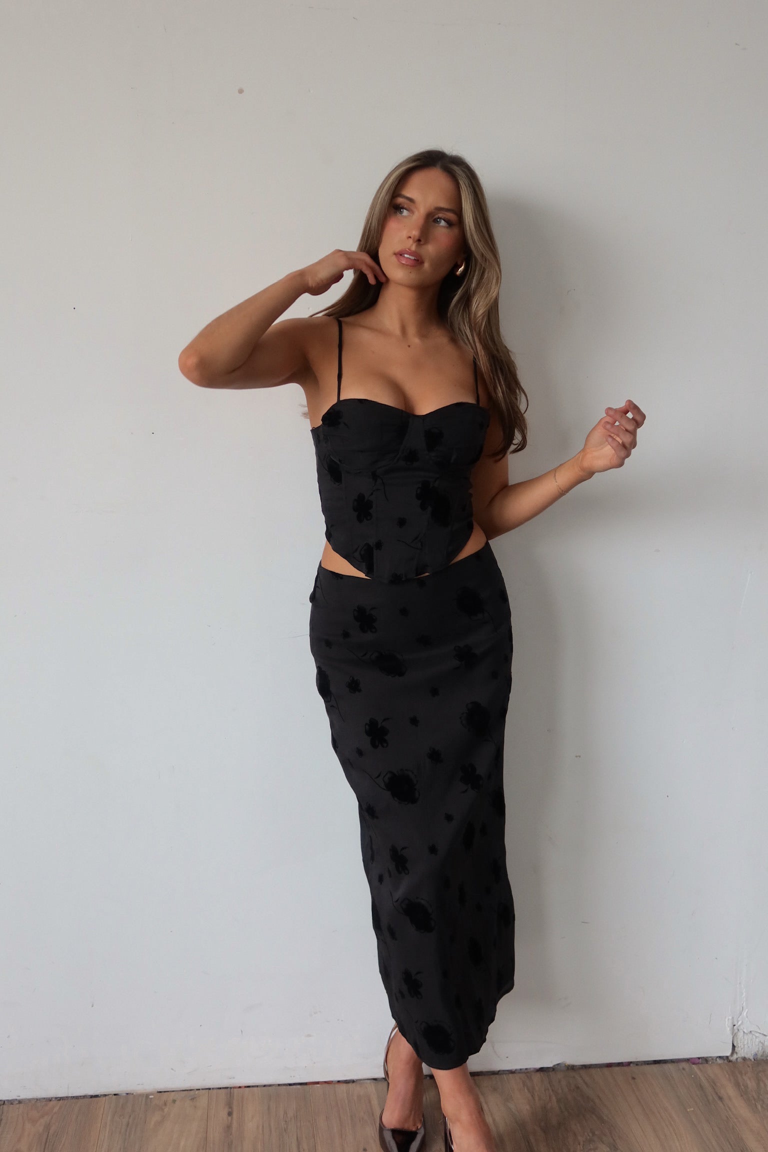 Tia Velvet Floral Midi Skirt Madida Clothing Tia Velvet Floral Midi Skirt Madida Clothing