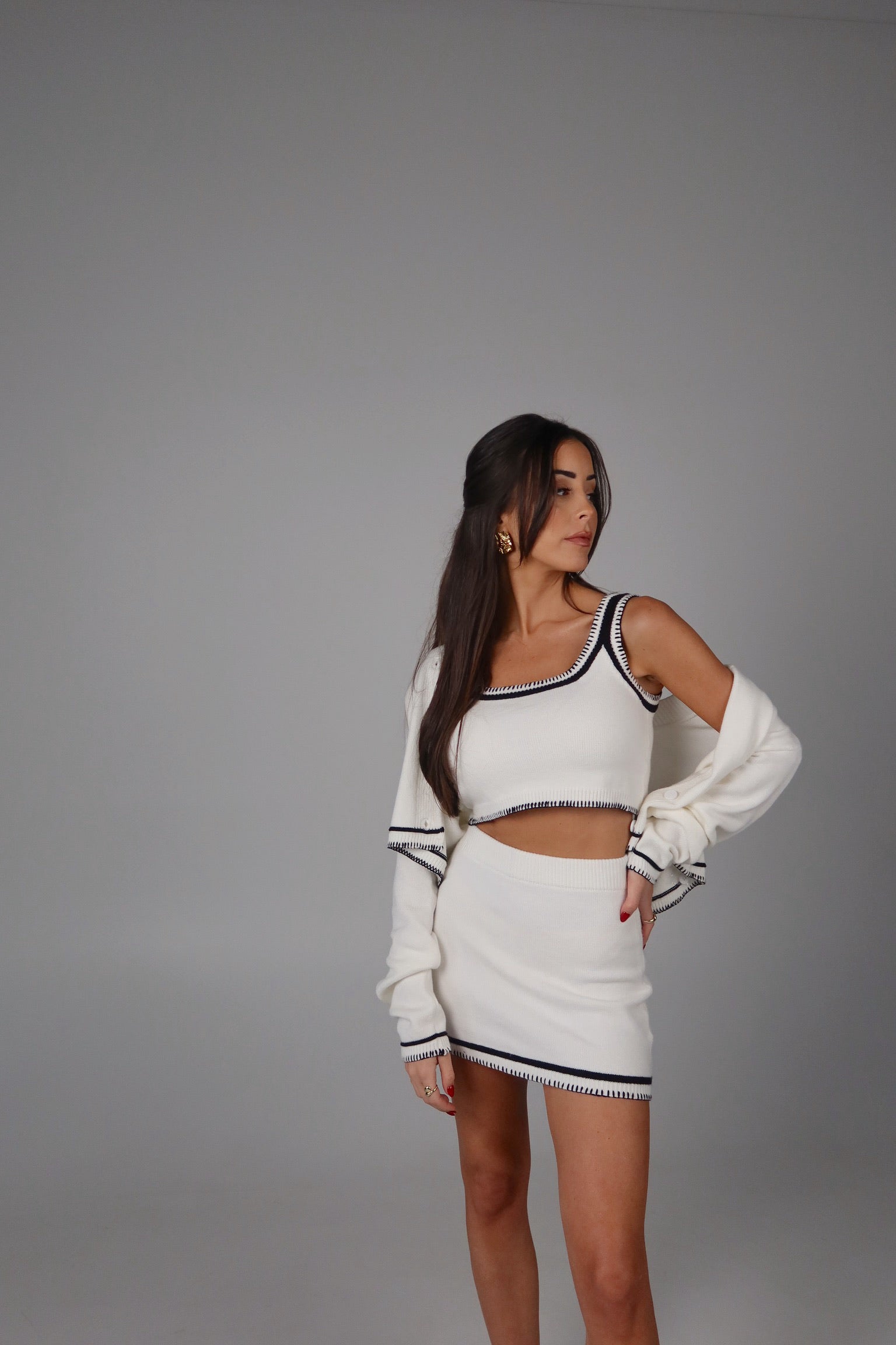 Two-Tone Knit Crop & Mini Set in Off White