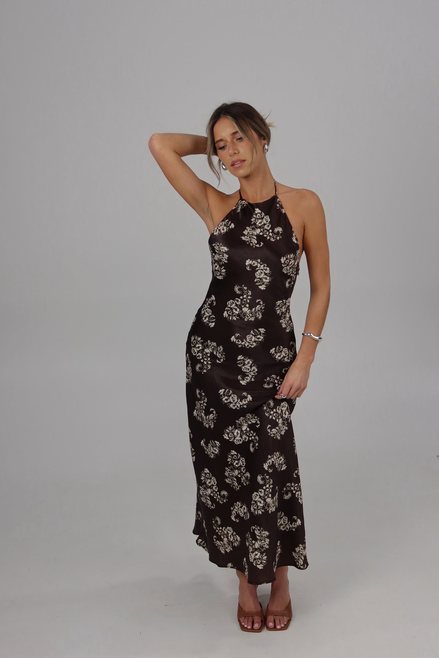 Vivienne Brown Floral Open Back Maxi Dress