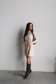 Aria Mock Neck Fit & Flare Dress in Cream