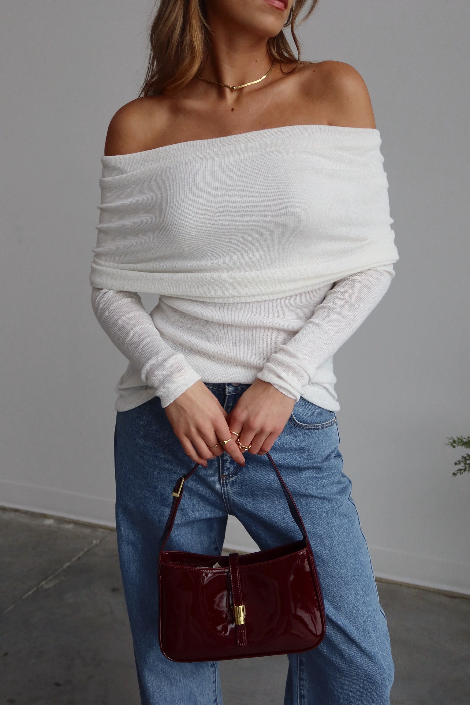 White Off-Shoulder Fold Knit Top