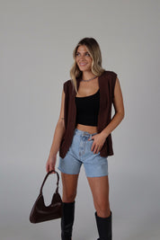 Brown Sleeveless Button-Down Sweater