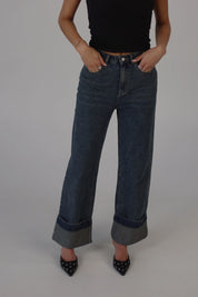 Fold-Over Washed Denim Pants